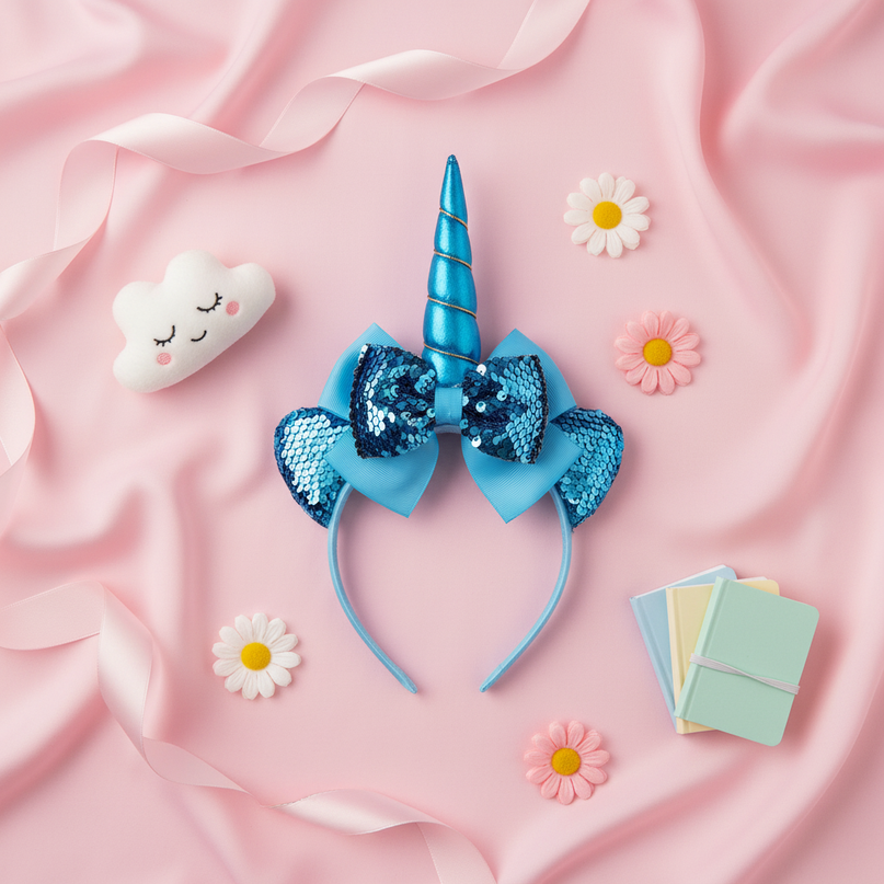 blue sequin unicorn headband - flat-lay