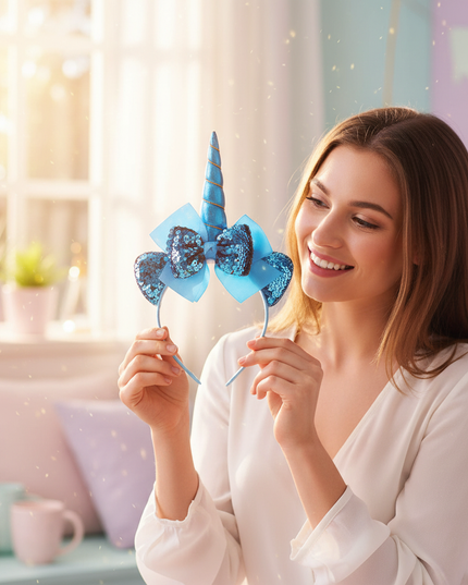 blue sequin unicorn headband - in-use