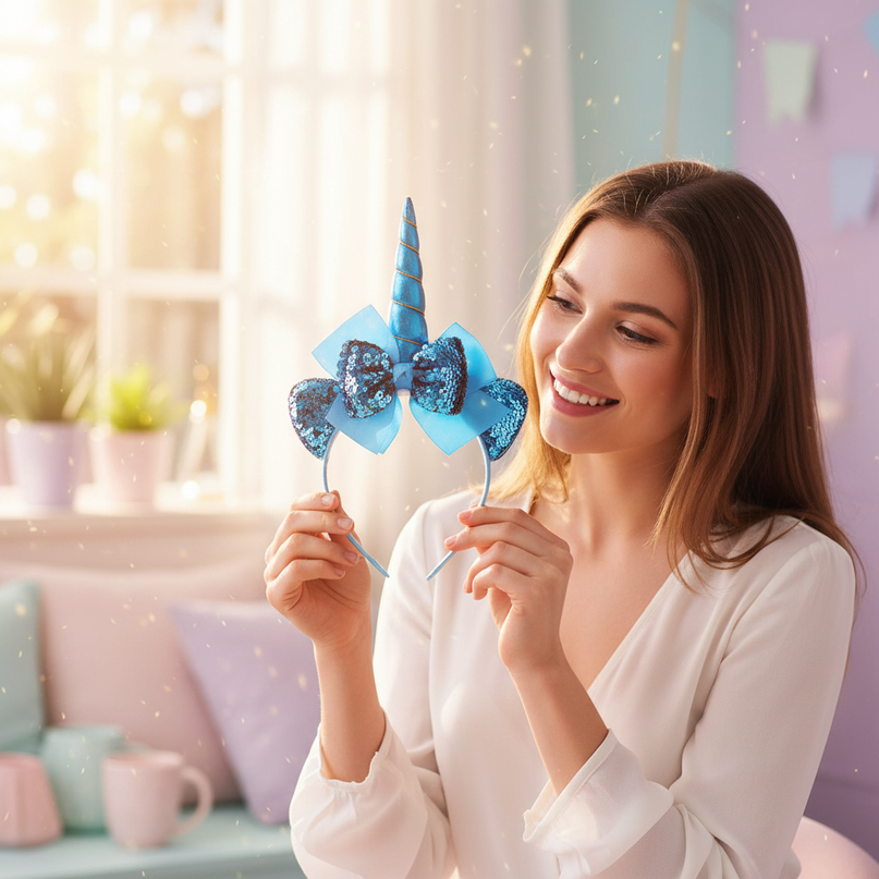 blue sequin unicorn headband - in-use