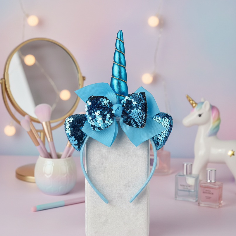 blue sequin unicorn headband - lifestyle