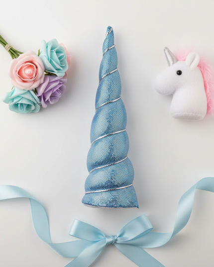 blue sequin unicorn horn - flat-lay