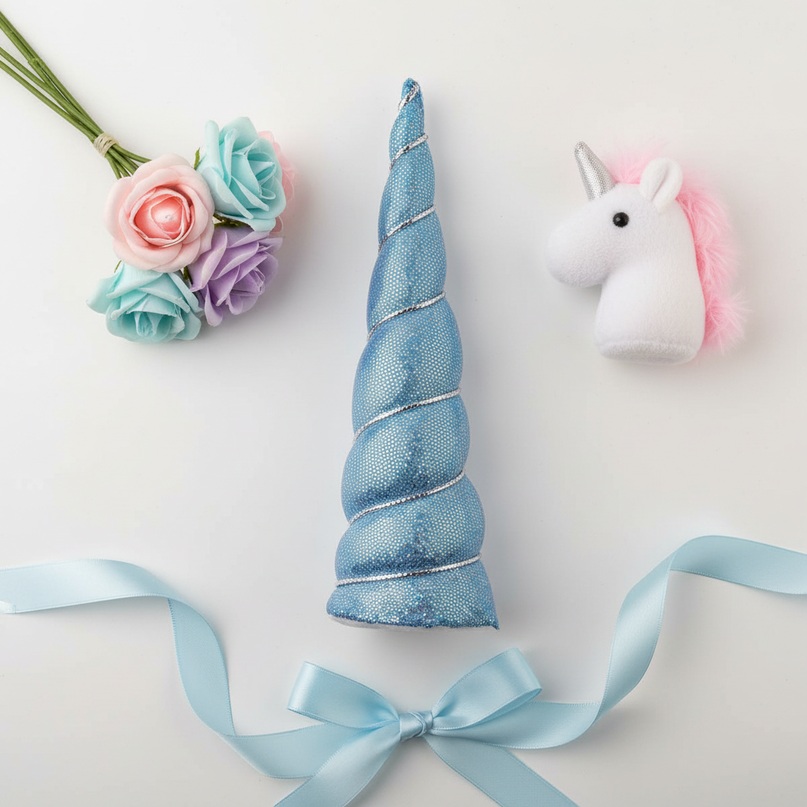 blue sequin unicorn horn - flat-lay