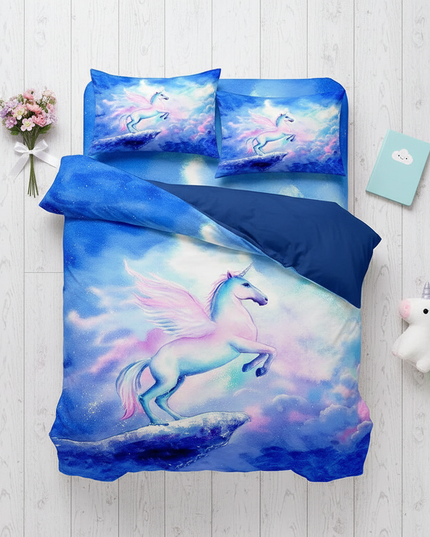 blue sky rearing unicorn bedding - flat-lay