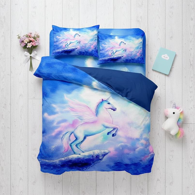blue sky rearing unicorn bedding - flat-lay