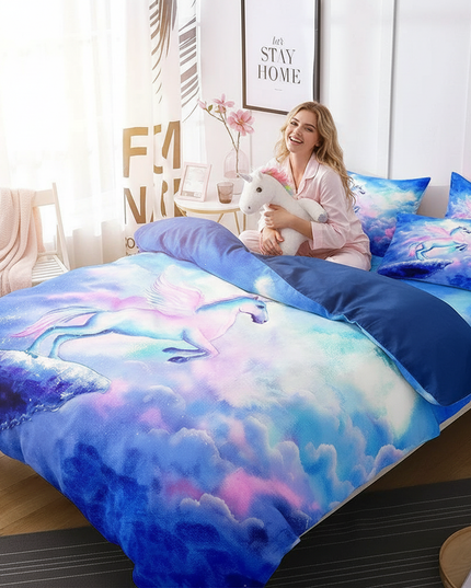 blue sky rearing unicorn bedding - in-use
