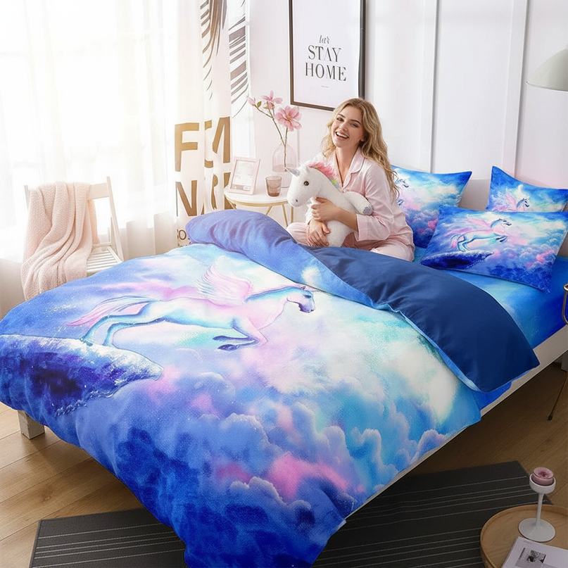 blue sky rearing unicorn bedding - in-use