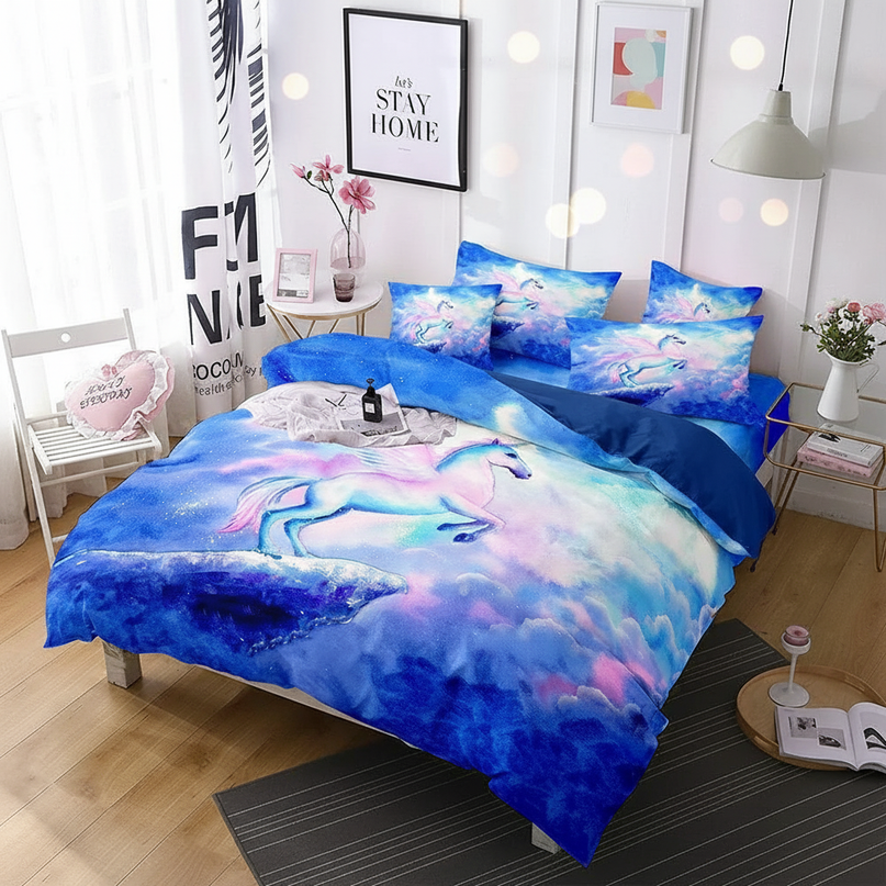 blue sky rearing unicorn bedding - lifestyle