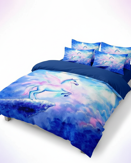 blue sky rearing unicorn bedding - white-bg