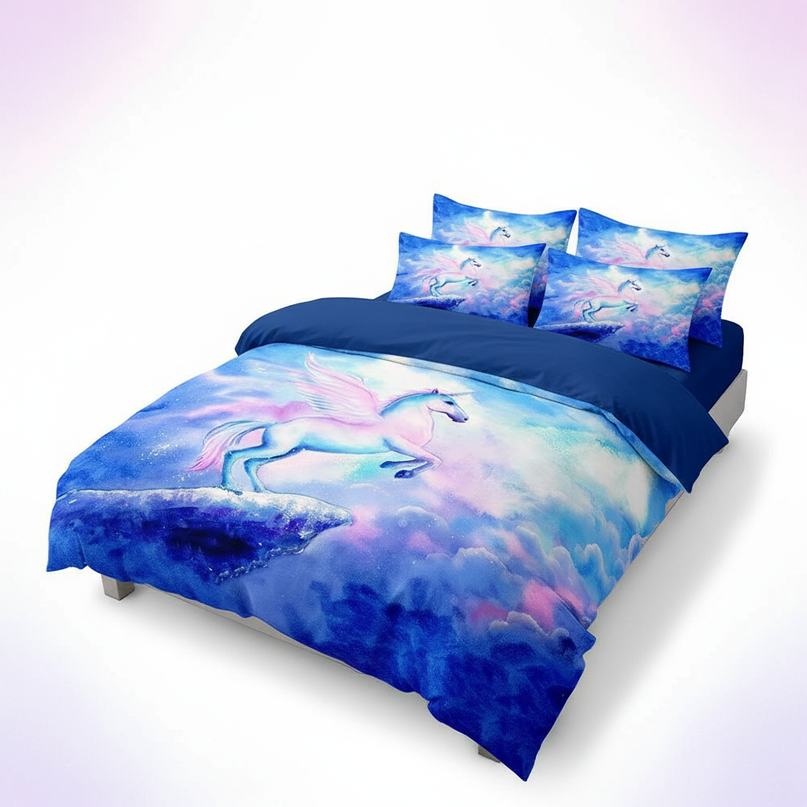 blue sky rearing unicorn bedding - white-bg
