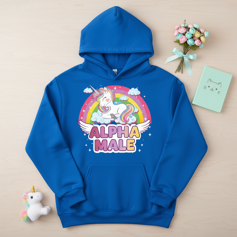 blue sleeping unicorn hoodie - flat-lay