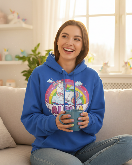 blue sleeping unicorn hoodie - in-use