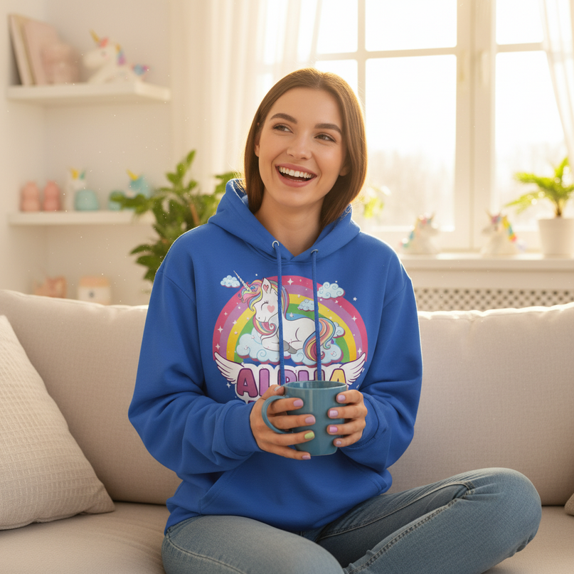 blue sleeping unicorn hoodie - in-use