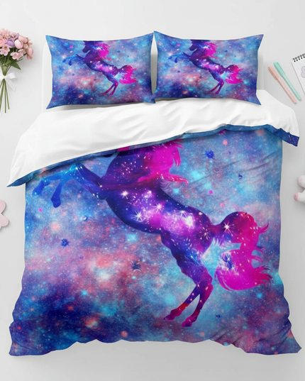 blue sparkle galaxy unicorn bedding - flat-lay