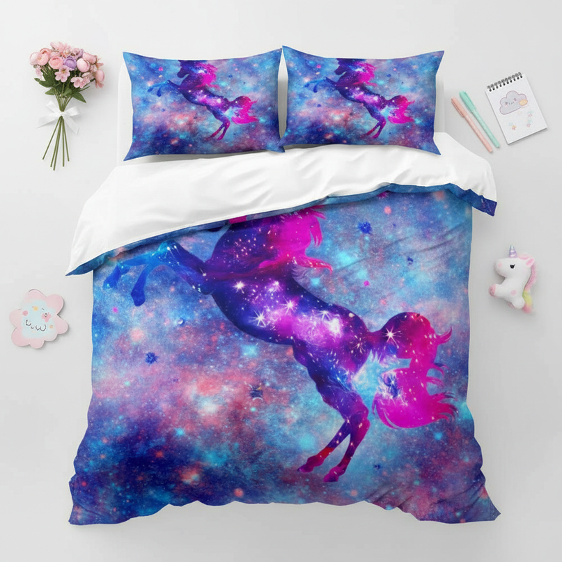 blue sparkle galaxy unicorn bedding - flat-lay