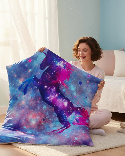 blue sparkle galaxy unicorn bedding - in-use