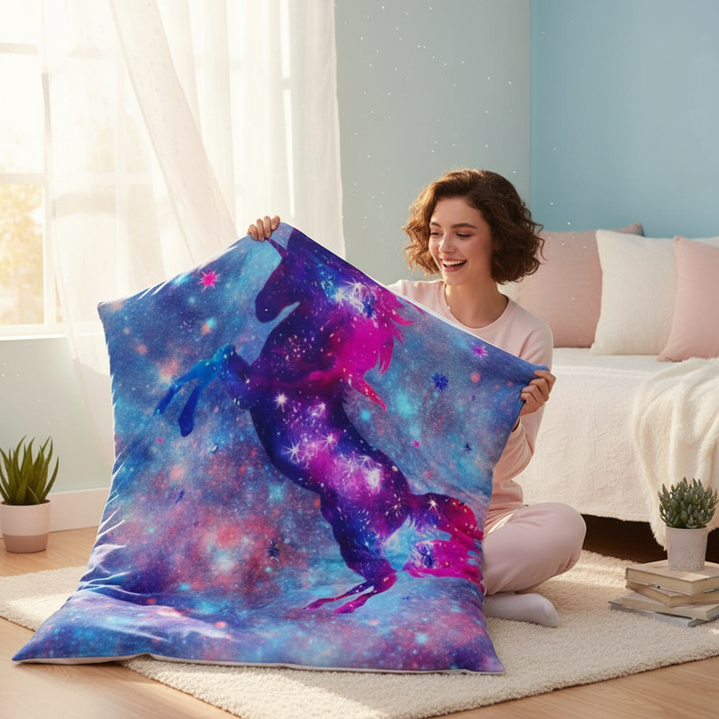blue sparkle galaxy unicorn bedding - in-use