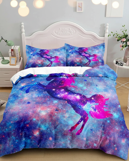 blue sparkle galaxy unicorn bedding - lifestyle