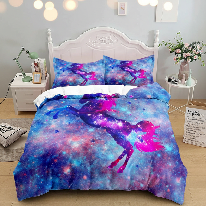 blue sparkle galaxy unicorn bedding - lifestyle