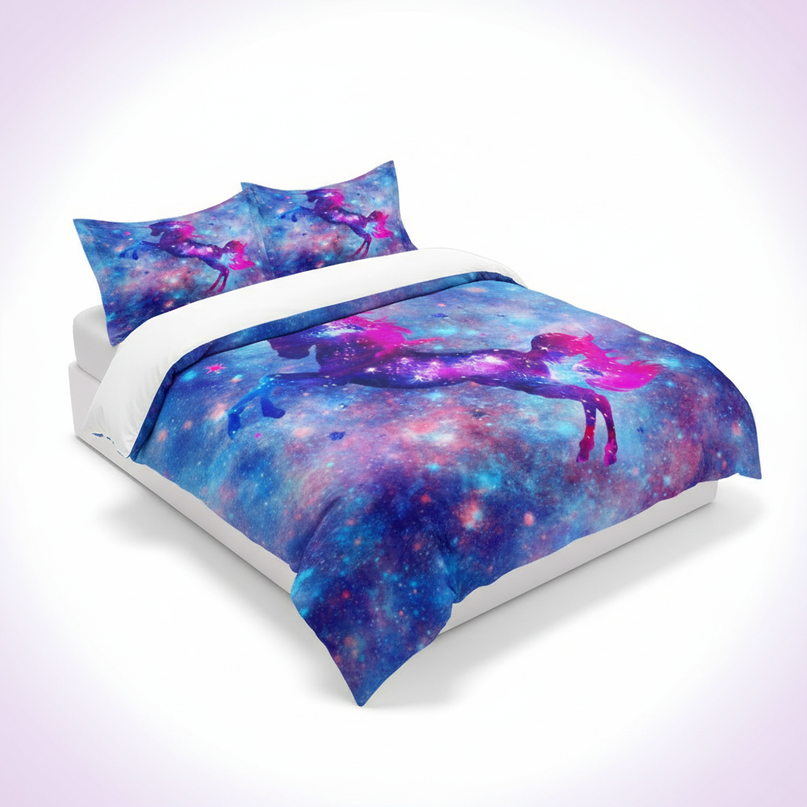 blue sparkle galaxy unicorn bedding - white-bg