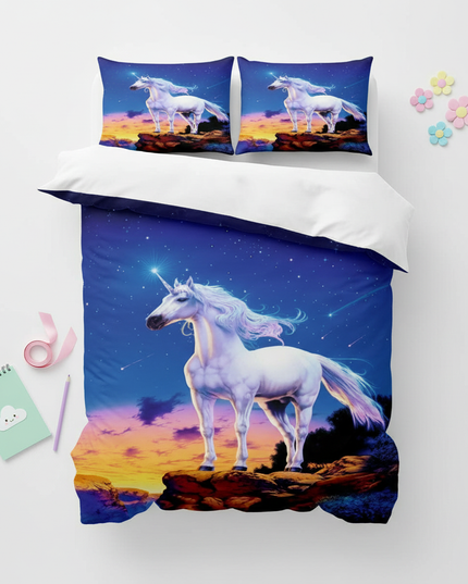blue starry cliff unicorn bedding - flat-lay