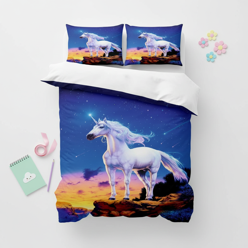 blue starry cliff unicorn bedding - flat-lay