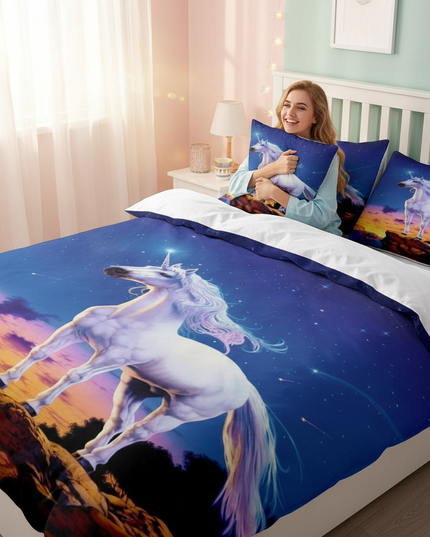 blue starry cliff unicorn bedding - in-use