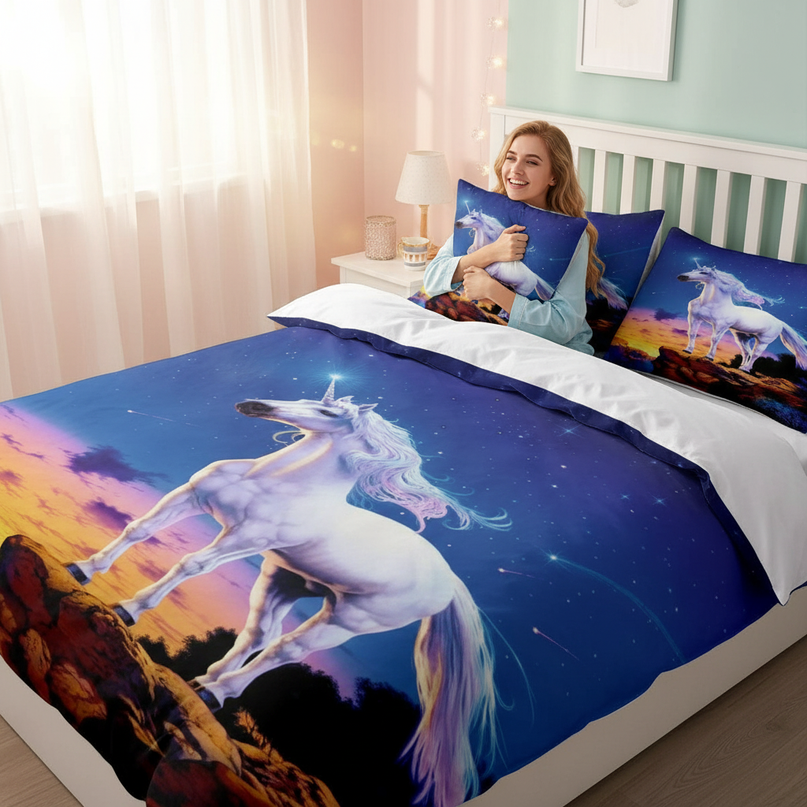 blue starry cliff unicorn bedding - in-use