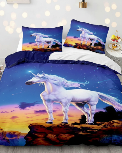 blue starry cliff unicorn bedding - lifestyle
