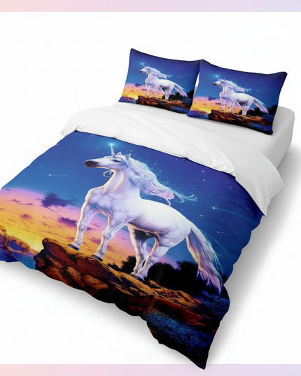 blue starry cliff unicorn bedding - white-bg
