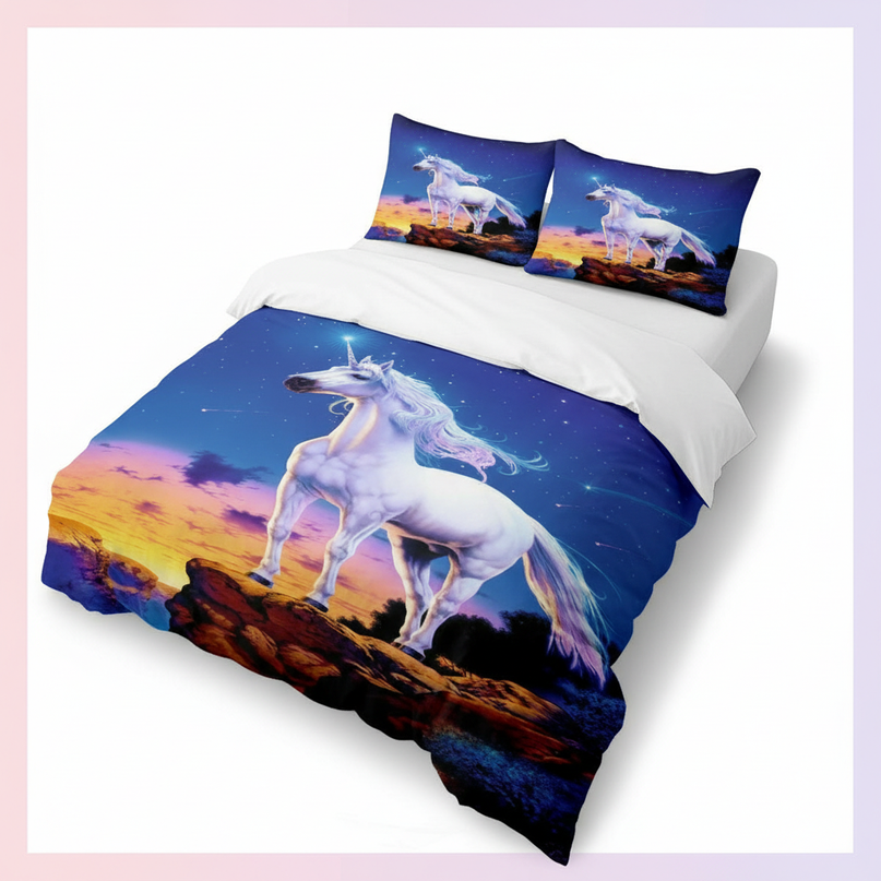 blue starry cliff unicorn bedding - white-bg