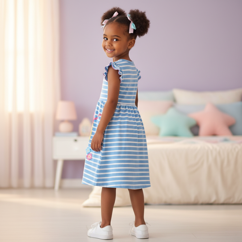 blue stripe unicorn applique dress - back