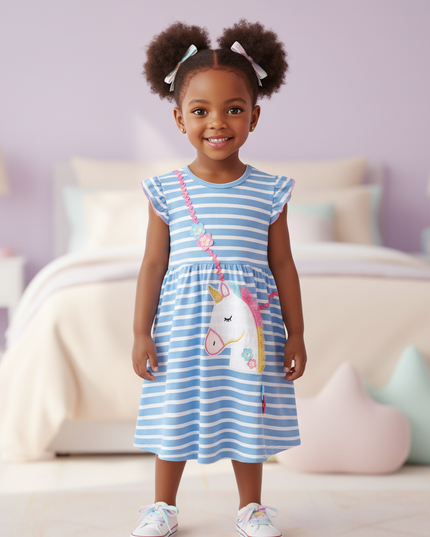 blue stripe unicorn applique dress - detail