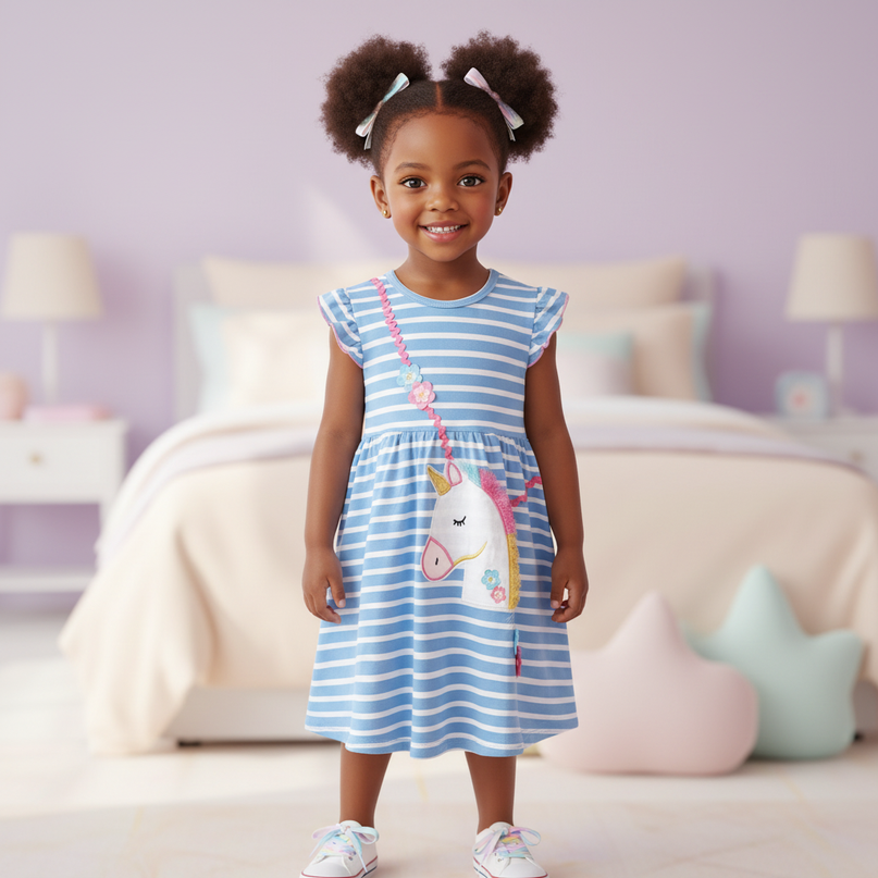 blue stripe unicorn applique dress - detail