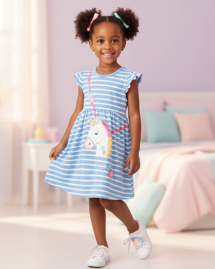 blue stripe unicorn applique dress - front