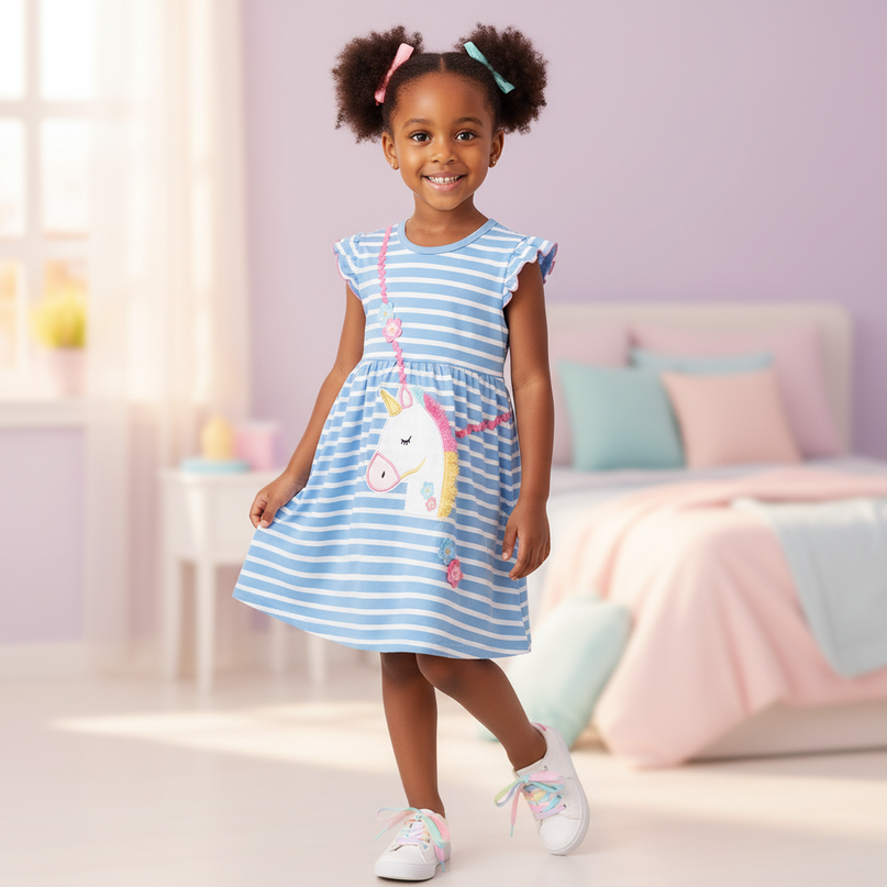 blue stripe unicorn applique dress - front