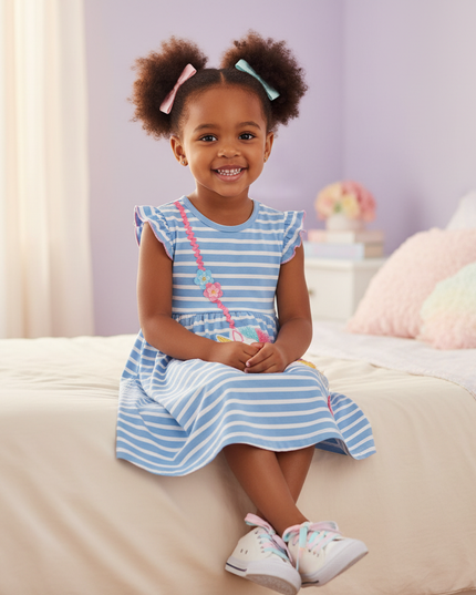 blue stripe unicorn applique dress - sitting