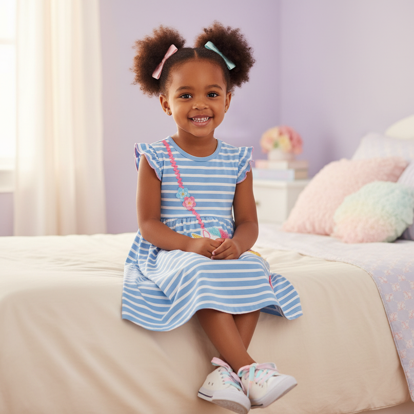 blue stripe unicorn applique dress - sitting