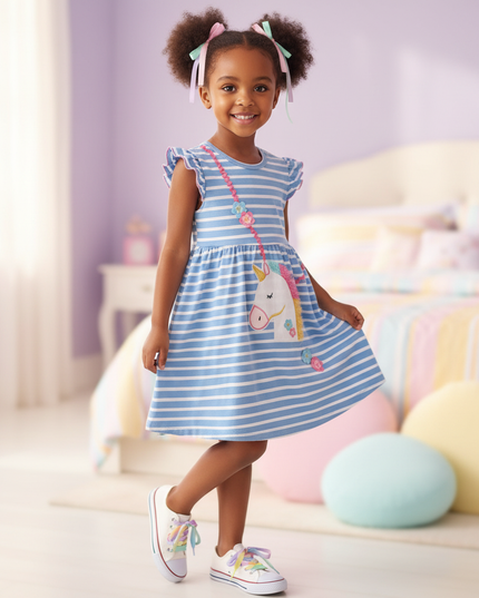 blue stripe unicorn applique dress - three-quarter