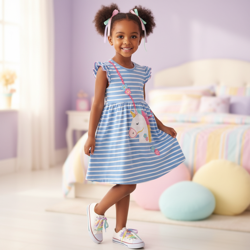 blue stripe unicorn applique dress - three-quarter