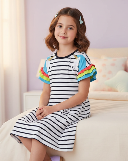 blue stripe unicorn dress - sitting