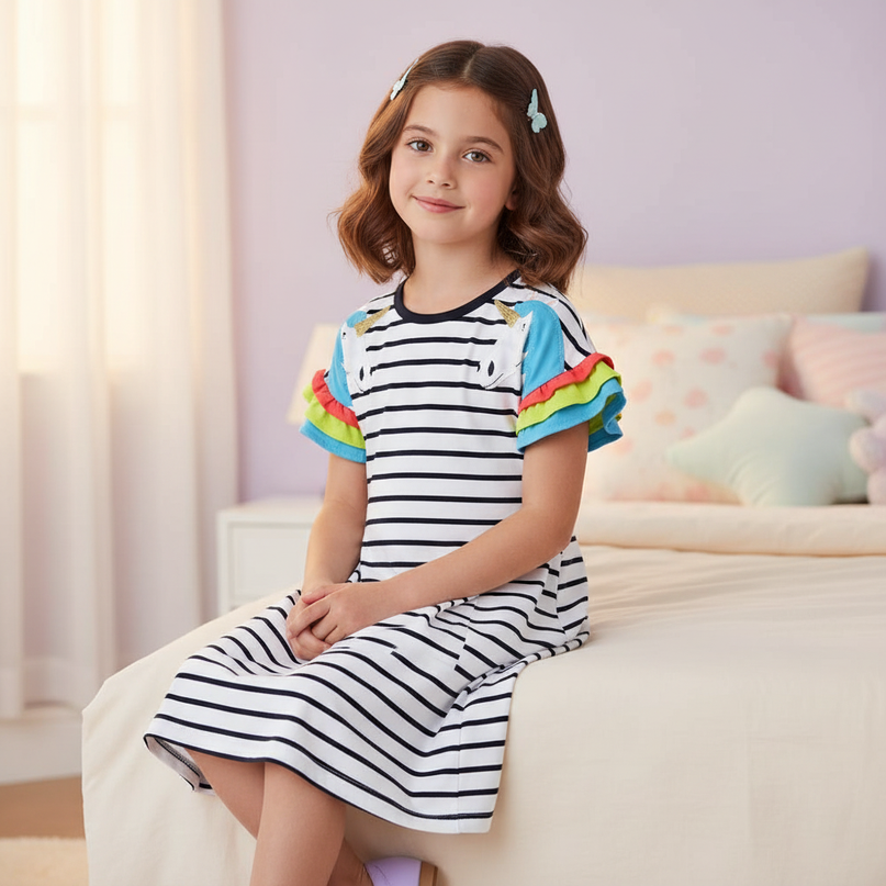 blue stripe unicorn dress - sitting