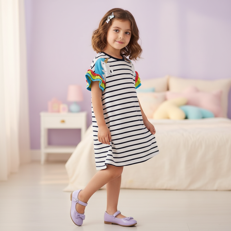 blue stripe unicorn dress - three-quarter