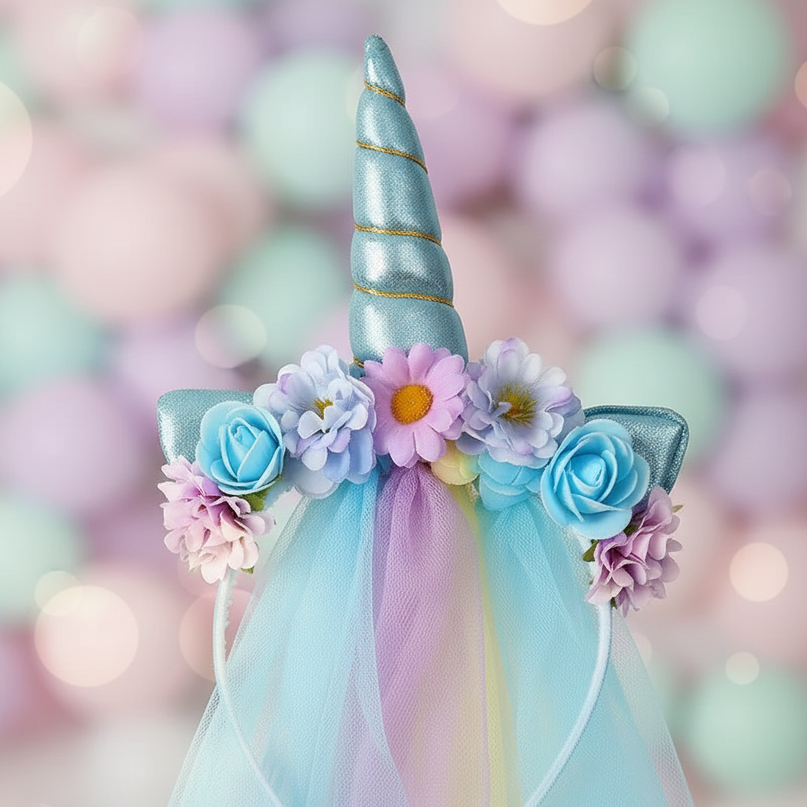 blue tulle unicorn headband veil - detail