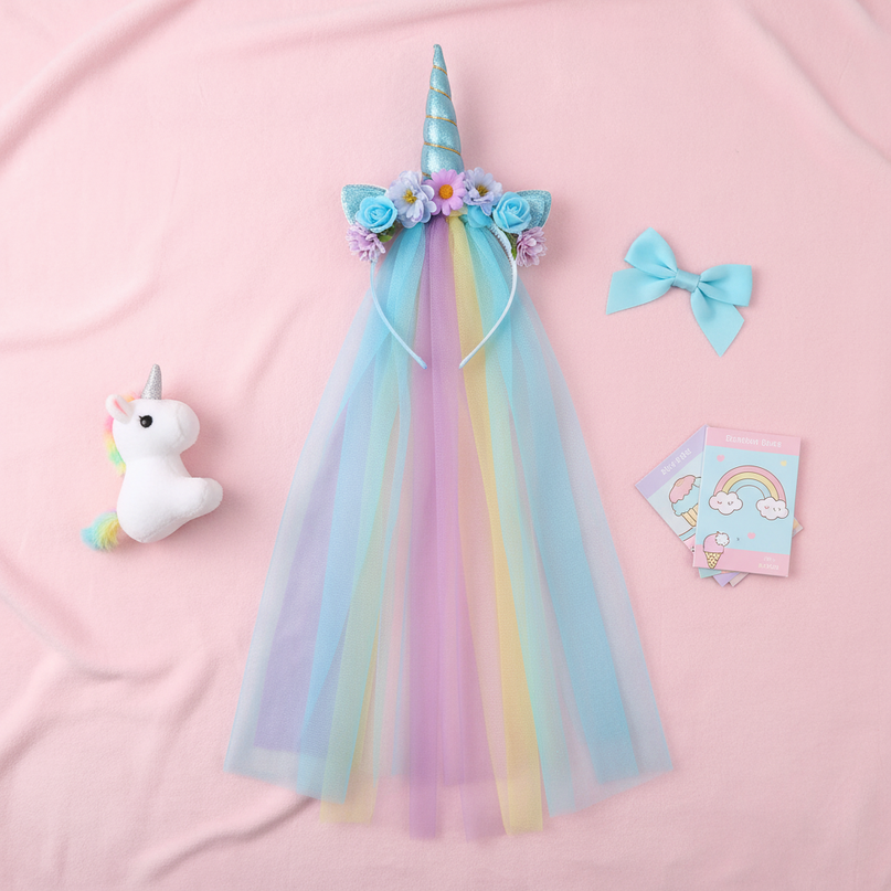 blue tulle unicorn headband veil - flat-lay