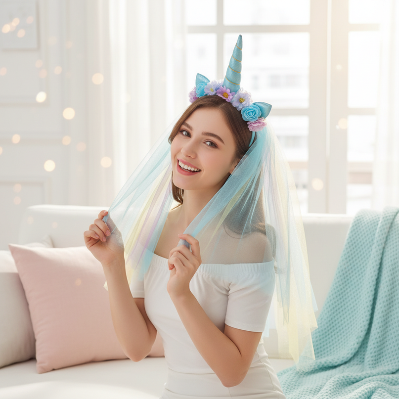 blue tulle unicorn headband veil - in-use