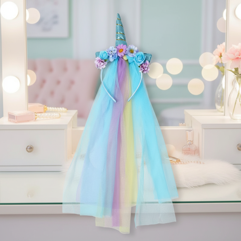 blue tulle unicorn headband veil - lifestyle