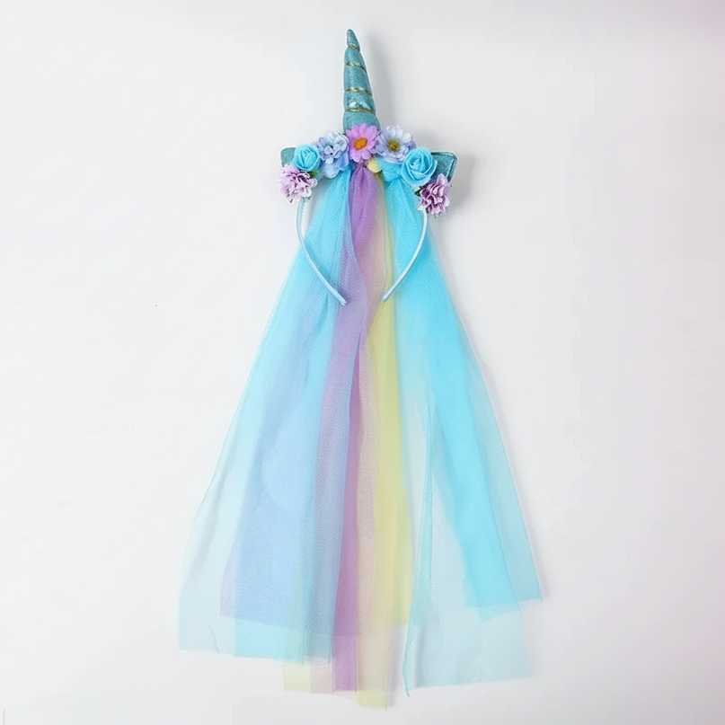 blue tulle unicorn headband veil - white-bg