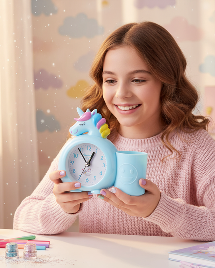 blue unicorn alarm clock - in-use