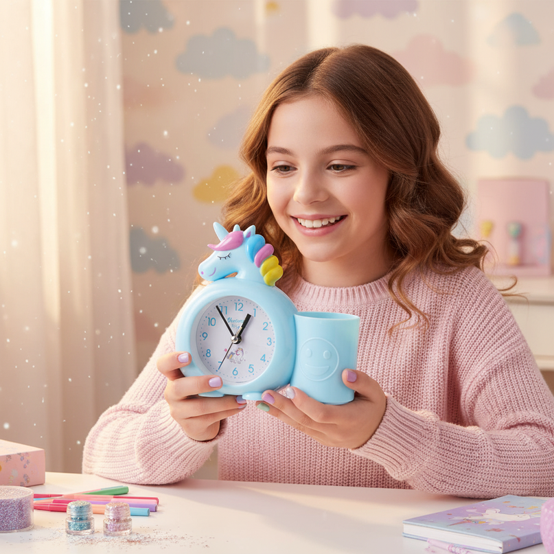 blue unicorn alarm clock - in-use