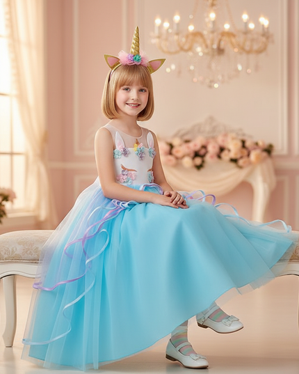 blue unicorn applique dress headband - sitting